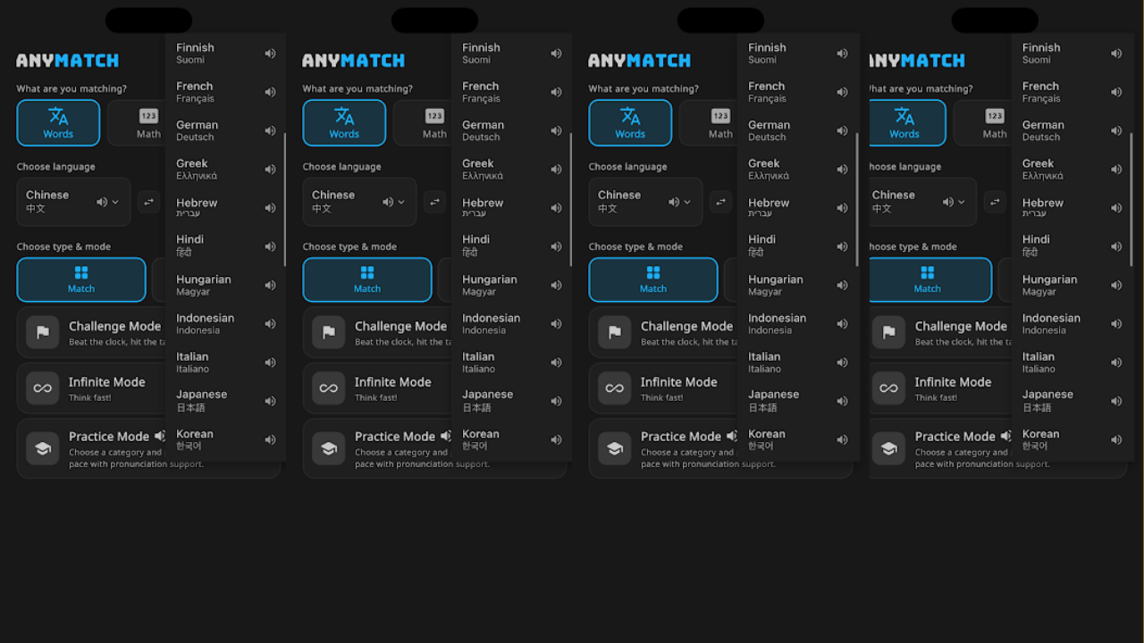 AnyMatch: Language Practice